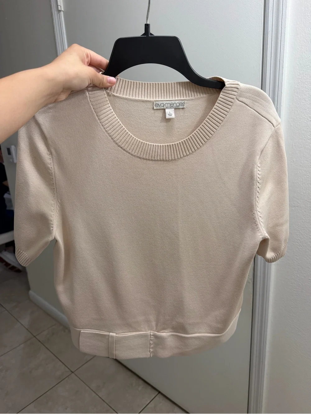 eva mendes for New York & Company Cream Short-Sleeve Crewneck Sweater